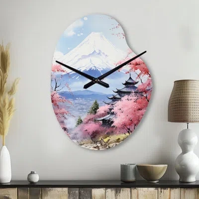 Design Art Asian Art Majestic Mont Fuji Iii - Asian Art Asymmetrical Metal Wall Clock, Pink Unique Shape Metal 