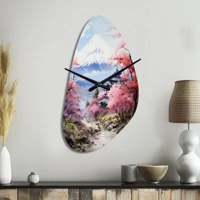 Design Art Asian Art Majestic Mont Fuji Iii - Asymmetrical Global Metal Wall Clock, Pink Wall Clock Print