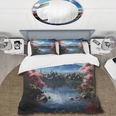 Design Art Asian Art Majestic Mont Fuji Iv - Asian Art Duvet Cover Set - Microfiber Polyester In Blue;pink