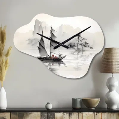 Design Art Asian Art Sailboat Sumi Iii - Asian Art Cloud Metal Clock, Global Asymmetrical Wall Clock Print In Gray