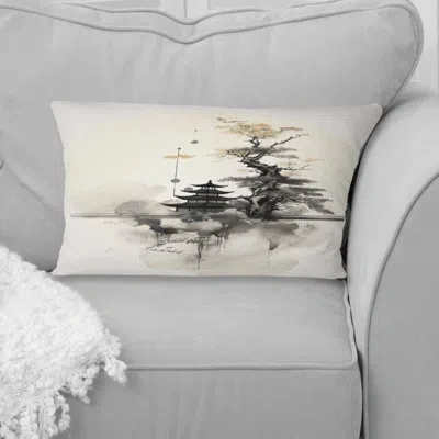 Design Art Asian Art Samurais Landscape Ii - Asian Art Printed Throw Pillow In Gray