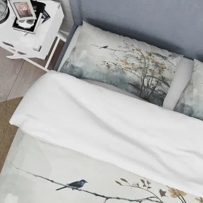 Design Art Asian Art Sumi Bird Serenity Xvii - Asian Art Duvet Cover Set - Microfiber Polyester In Black;gray