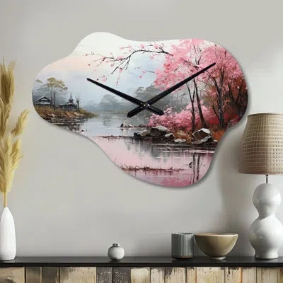 Design Art Asian Art Zen Garden Vii - Asian Art Cloud Metal Clock, Global Asymmetrical Wall Clock Print In Green;pink