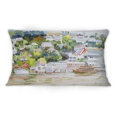 Design Art Asian Landscape With Passenger Ship On River -1 Mid-1century Modern Printed Throw Pillow