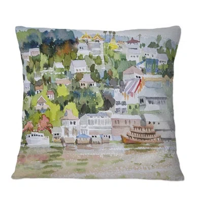 Design Art Asian Landscape With Passenger Ship On River - Mid-century Modern Printed Throw Pillow In Blue;black;brown;green;red;yellow