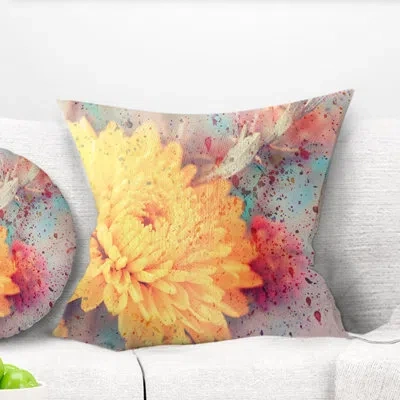 Design Art Aster Flower With Watercolor Splashes - Floral Printed Pillow In Yellow