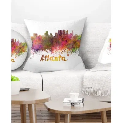 Design Art Atlanta Skyline - Cityscape Printed Pillow In Yellow;purple