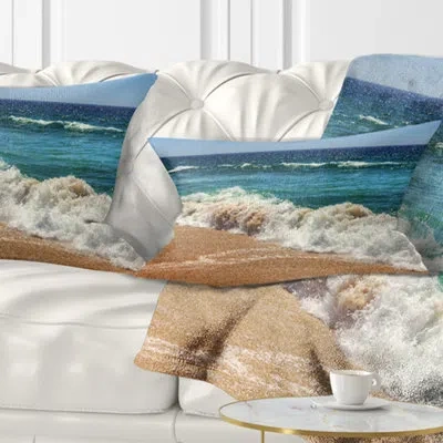 Design Art Atlantic Beach With Foaming Waves - Sea & Shore Printed Throw Pillow In Blue