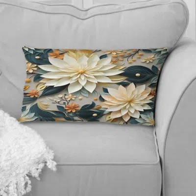 Design Art Attaining Stillness Of Mind Floral Gardens - Floral Printed Throw Pillow In White;gold;teal