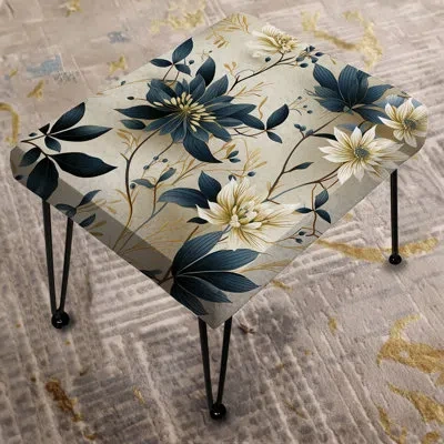 Design Art Attaining Stillness Of Mind Floral Gardens I - Floral Rectangle Ottoman In Blue;white