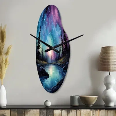 Design Art Aurora Borealis Dancing Lights Viii - Aurora Borealis Asymmetrical Metal Clock, Teal Curved Wall Clo In Purple;teal