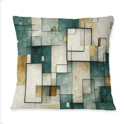 Design Art Auspiciousness Retro Teal Geometrics Ii - Abstract Painting Printed Throw Pillow In Green;gold