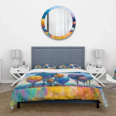 Design Art Autumn Fantasy Trees Iv - Modern Duvet Cover Set - Microfiber Polyester In Blue;yellow