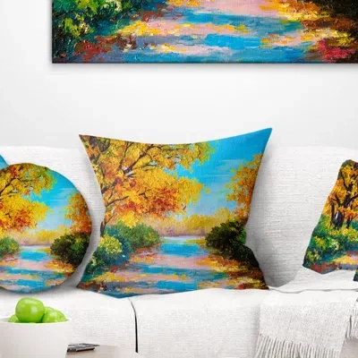 Design Art Autumn Forest With Colorful River - Landscape Printed Pillow In Blue;yellow