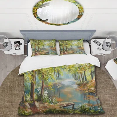 Design Art Autumn Forest With Meandering River - Lake House Duvet Cover Set - Microfiber Polyester In Green
