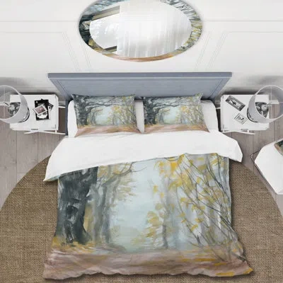 Design Art Autumn Misty Forest - Lake House Duvet Cover Set - Microfiber Polyester In Turquoise,brown