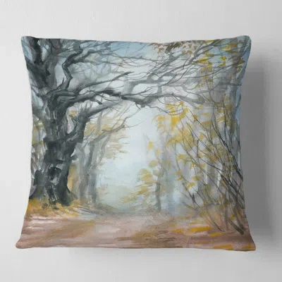 Design Art Autumn Misty Forest - Lake House Printed Throw Pillow In Gray