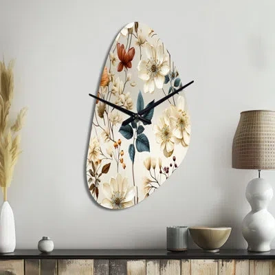 Design Art Autumn Orange And White Cottage Flowers - Asymmetrical Floral Metal Wall Clock, Unique Shape Clock P