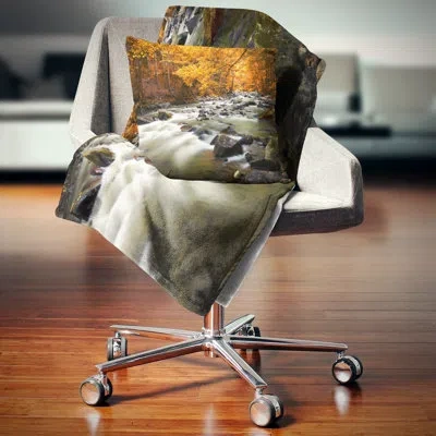Design Art Autumn Terrai With Trees And River - Landscape Printed Pillow In Brown