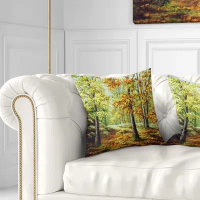 Design Art Autumn Wood - Landscape Printed Throw Pillow In Green;yellow