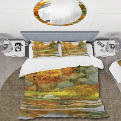 Design Art Autumnal Forest By The Lake Side Iii - Lake House Duvet Cover Set - Microfiber Polyester In Yellow,light Green