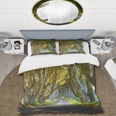 Design Art Avenue Of Beech Trees - Lake House Duvet Cover Set - Microfiber Polyester In Green,brown