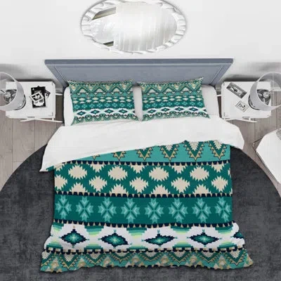 Design Art Aztec Geometrics - Modern Duvet Cover Set - Microfiber Polyester In Turquoise,cream