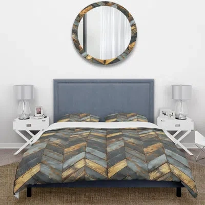 Design Art Baby Blue And Gold Wood Floor - Farmhouse Duvet Cover Set In Blue;gold