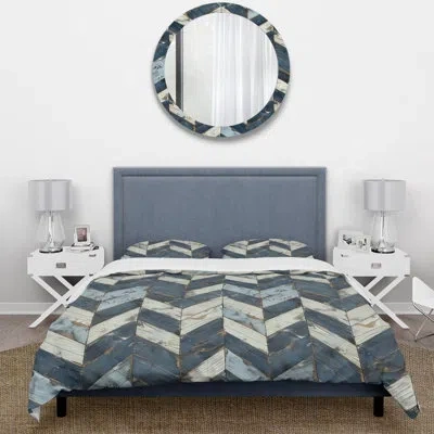 Design Art Baby Blue And Silver Wood Floor I - Farmhouse Duvet Cover Set In Blue;white