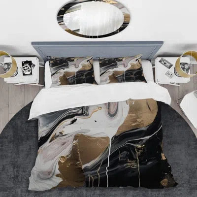 Design Art Back And Gold Marble Medley Iii - Abstract Marble Duvet Cover Set - Microfiber Polyester In Black;gold
