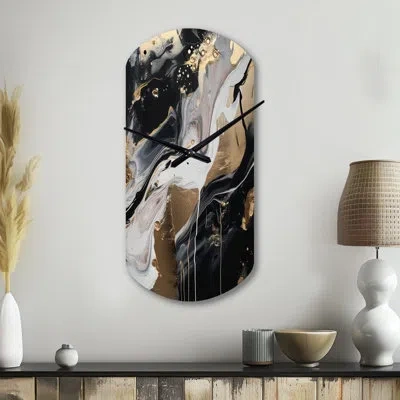 Design Art Back And Gold Marble Medley Iii - Marble Asymmetrical Metal Wall Clock, Black Cylinder Clock Print In Black;gold