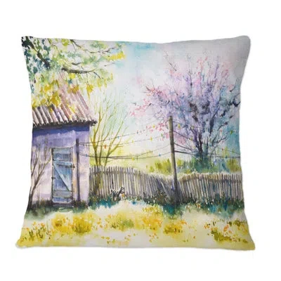 Design Art Backyard With Pink Trees At Spring - Country Printed Throw Pillow In Yellow;purple