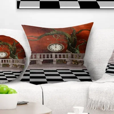 Design Art Balcony With Clock And Tree Angels - Landscape Printed Throw Pillow In Red