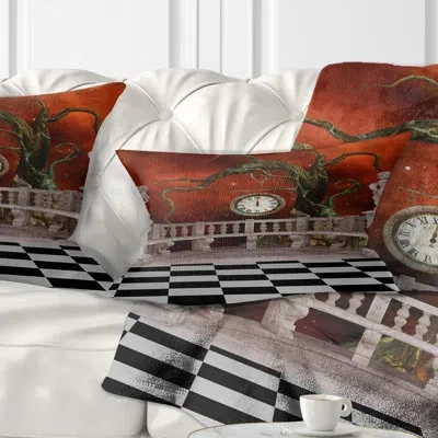 Design Art Balcony With Clock And Tree Angels Rectangular Pillow Cover & Insert In Red