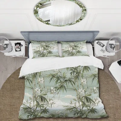 Design Art Bamboo Reflections Tropical Pattern Iv Bedding In White;green