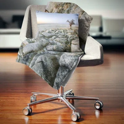 Design Art Baobab Tree On Rocky Terrain - Landscape Printed Pillow In Green