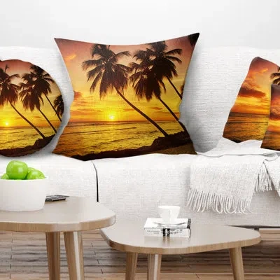 Design Art Barbados Island Evening Seashore - Sea & Shore Printed Pillow In Blue;black;brown;green;red;yellow