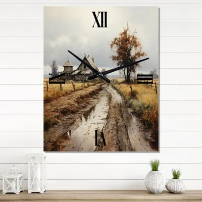 Design Art Barns Misty Morning - Countryside Modern Wall Clock In Gray;yellow