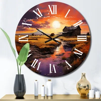 Design Art Barns Serenading Sunset - Countryside Wall Clock In Gray;orange;purple