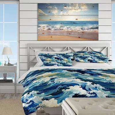 Design Art Barrand White Blue Japan Tsunami Crests Iv - Coastal Duvet Cover Set - Microfiber Polyester In Blue;white