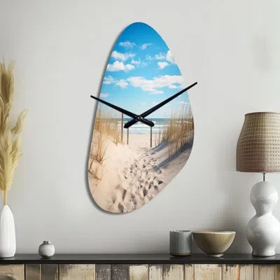 Design Art Bath To The Ocean I - Asymmetrical Beach Sand Metal Wall Clock, Beige Wall Clock Print
