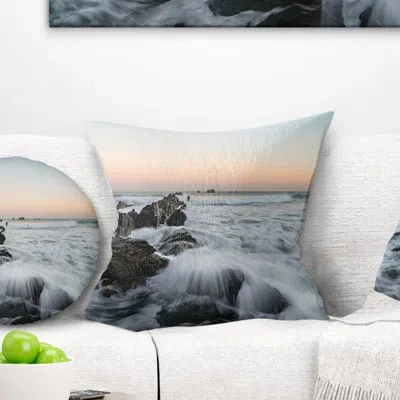 Design Art Bay Of Biscay White Waves Hitting Beach - Sea & Shore Printed Throw Pillow In Blue