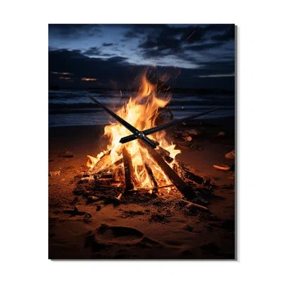 Design Art Beach Beach Bonfire Bliss - Nautical & Beach Wall Clock Oversized In Black;yellow