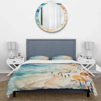 Design Art Beach Day Umbrella Parade V - Beach Duvet Cover Set - Microfiber Polyester In Blue;orange