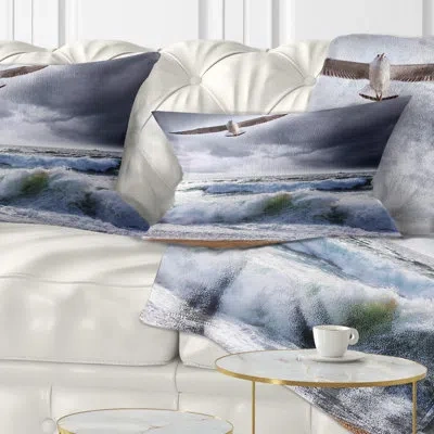 Design Art Beach Large Seagull Over Stormy Waves Lumbar Pillow In Multi-color