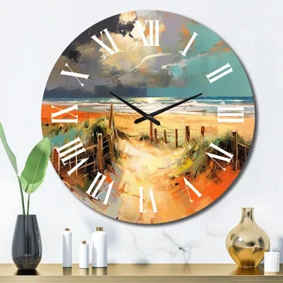 Design Art Beach Path Leading To The Ocean Painting I Metal Wall Clock In Blue;brown;gray