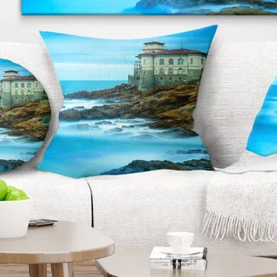 Design Art Beach Photo Buccale Castle On Cliff Rock And Sea Pillow In Blue