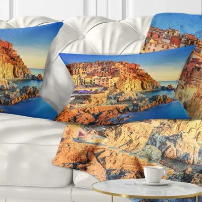 Design Art Beach Photo Manarola Village View At Sunset Lumbar Pillow