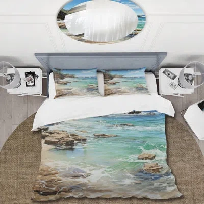 Design Art Beach Photo Ocean Escape V - Coastal Beach Duvet Cover Set - Microfiber Polyester In Gray;turquoise