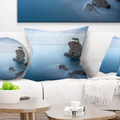 Design Art Beach Photo Pine Tree Rock At Portofino Park Pillow In Blue;blue